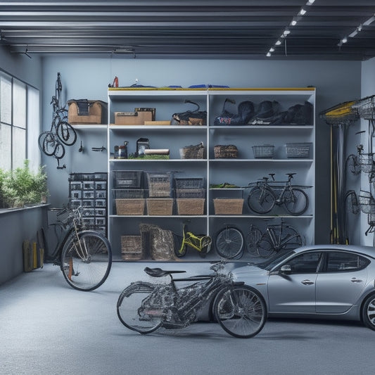 A well-organized garage with a sleek, silver car parked in the center, surrounded by neatly labeled storage bins, a pegboard with hanging tools, and a few bicycles suspended from the ceiling.