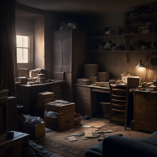 A dimly lit, cramped room with walls stacked high with dusty boxes, tangled cords, and forgotten trinkets, surrounded by worn-out furniture, with a single, faint ray of light peeking through a cluttered window.