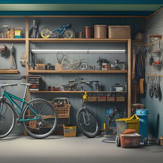 An illustration of a small, cluttered garage transforming into an organized space with a slatwall, pegboard, and hanging bins, surrounded by bicycles, tools, and a compact car.