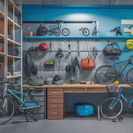 A tidy garage with a bike mounted on a wall rack, surrounded by neatly arranged bins, baskets, and hooks holding helmets, gloves, and other gear, with a few bikes tools laid out on a nearby workbench.