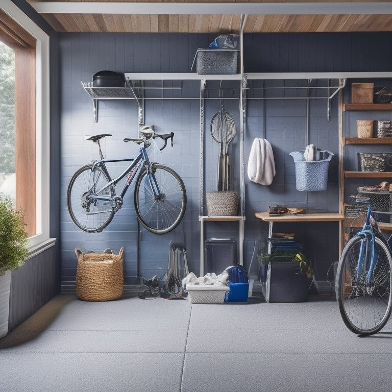 A clutter-free garage with a sleek, silver ladder leaning against a wall, adjacent to a floor-to-ceiling storage unit with labeled bins and a pegboard with hanging bicycles and tools.