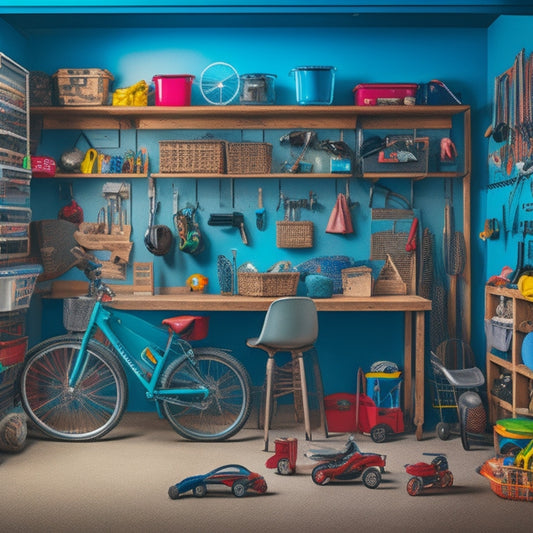 A cluttered garage with scattered toys, bicycles, and tools, contrasted with a sleek, organized space featuring a slatwall with bins, baskets, and a pegboard, showcasing a busy family's before-and-after transformation.