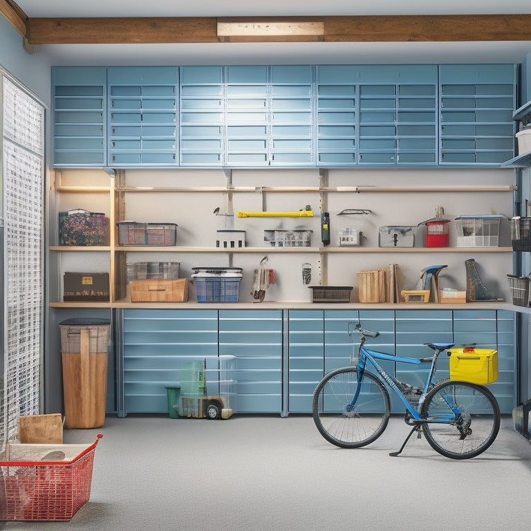 A well-lit, modern garage with sleek, silver metal shelving units, neatly organized toolboxes, and labeled storage bins, featuring a pegboard with hung bikes and gardening tools.