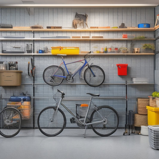 A well-organized garage with a sleek, silver pegboard on the back wall, adorned with neatly hung tools and colorful storage bins, surrounded by a polished concrete floor and a few strategically placed bicycles.