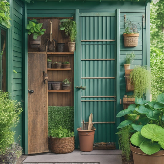 A serene, well-organized garden shed with a vintage wooden door, surrounded by lush greenery, featuring a pegboard with hanging gardening tools, woven baskets, and a few potted plants.