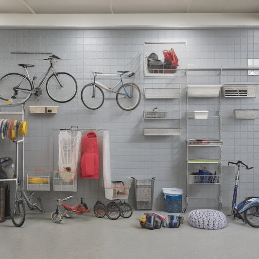 A clutter-free garage with a sleek, silver slatwall system, color-coded bins, and a pegboard with neatly hung bicycles, balls, and tools, set against a clean, grey concrete floor.