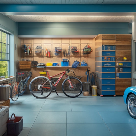A well-lit, clutter-free garage with a sleek, gray epoxy floor, featuring a pegboard with neatly hung tools, a labeled storage bin system, and a parked car with a few bicycles suspended from the ceiling.