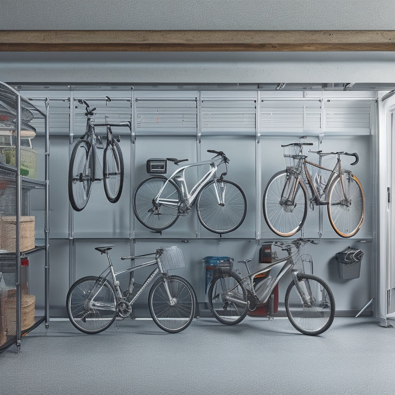 A clutter-free garage with a sleek, silver overhead storage rack holding four bicycles, and adjacent to it, a suspended shelf with three transparent storage bins, surrounded by a few scattered tools.