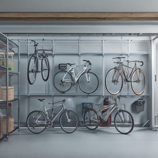 A clutter-free garage with a sleek, silver overhead storage rack holding four bicycles, and adjacent to it, a suspended shelf with three transparent storage bins, surrounded by a few scattered tools.