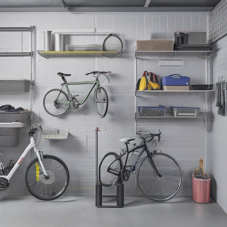 An organized tiny garage with a wall-mounted bike rack, stacked plastic bins, and a pegboard with hooks holding tools and accessories, surrounded by a sleek, light-gray concrete floor.