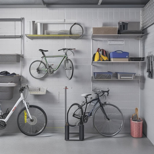 An organized tiny garage with a wall-mounted bike rack, stacked plastic bins, and a pegboard with hooks holding tools and accessories, surrounded by a sleek, light-gray concrete floor.