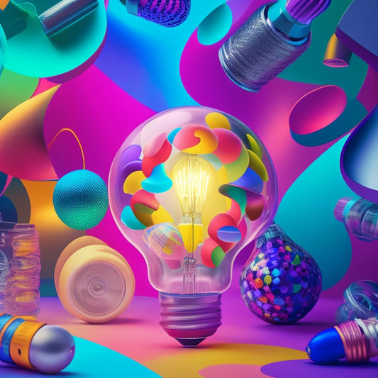 A vibrant, abstract illustration featuring swirling shapes and colors, with puzzle pieces and lightbulbs floating amidst a whirlwind of creative energy, surrounded by a faint grid of templates in the background.