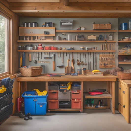 A well-organized wood garage with slatwall panels, hooks, and bins, featuring a workbench with a vice, a pegboard with hanging tools, and a loft storage area with labeled crates.