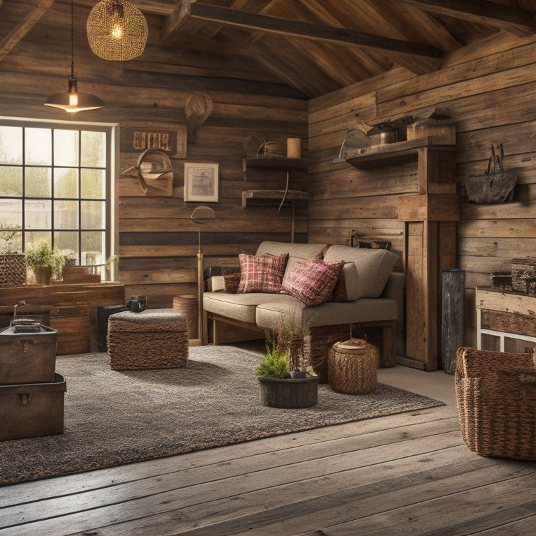 A warm and inviting garage space with reclaimed wood accents, plush area rug, and comfortable seating, surrounded by rustic wooden crates and vintage outdoor gear, lit by soft pendant lamps.