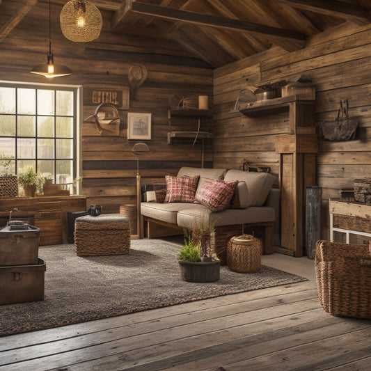 A warm and inviting garage space with reclaimed wood accents, plush area rug, and comfortable seating, surrounded by rustic wooden crates and vintage outdoor gear, lit by soft pendant lamps.