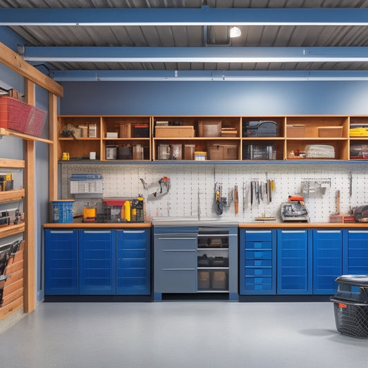 A well-lit, clutter-free garage with a sleek, gray epoxy floor, featuring a pegboard with neatly hung tools, a modular shelving unit with labeled bins, and a compact workstation with a vise.