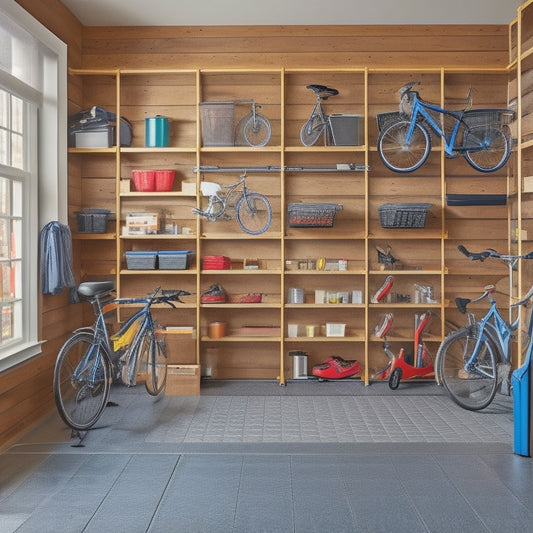 An organized garage interior with a slatted wall paneling system, sleek metal shelving units, and a floor-to-ceiling pegboard with hanging bicycles, tools, and storage bins in a clean, well-lit space.