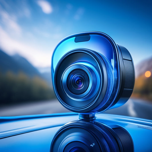 A sleek, silver dashcam mounted on a car windshield, with a glowing blue WiFi symbol emanating from it, surrounded by swirling lines and shapes that evoke a sense of innovation and connectivity.