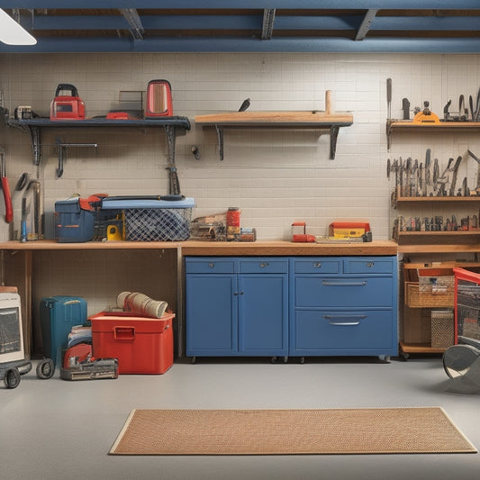 A clutter-free garage with a pegboard covered in organized power tools, a rolling tool chest with labeled drawers, and a wall-mounted fold-down workstation with a built-in vice.