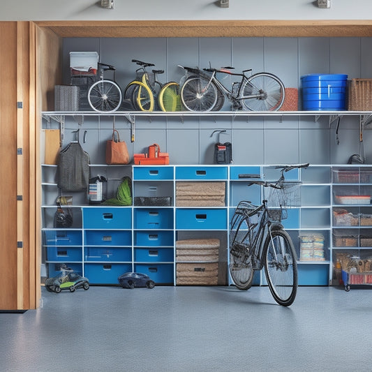 A well-organized garage with three distinct shelving units: one with labeled bins, another with hanging bikes, and a third with stacked storage containers, surrounded by a sleek concrete floor and neutral-toned walls.