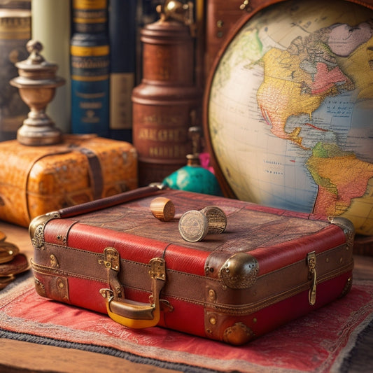 A vintage-style suitcase overflowing with colorful maps, scattered coins, and a miniature globe, set against a worn, earth-toned background with subtle scratches and faded travel stamps.