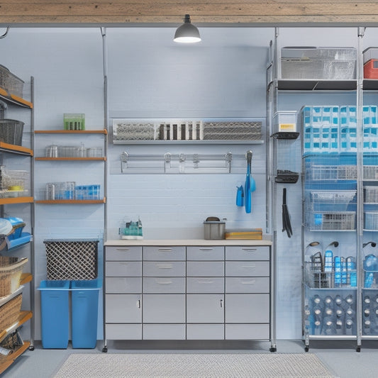 A clutter-free garage with a sleek, silver pegboard adorned with neatly hung tools, a modular shelving unit with labeled bins, and a floor-to-ceiling storage system with sliding doors.