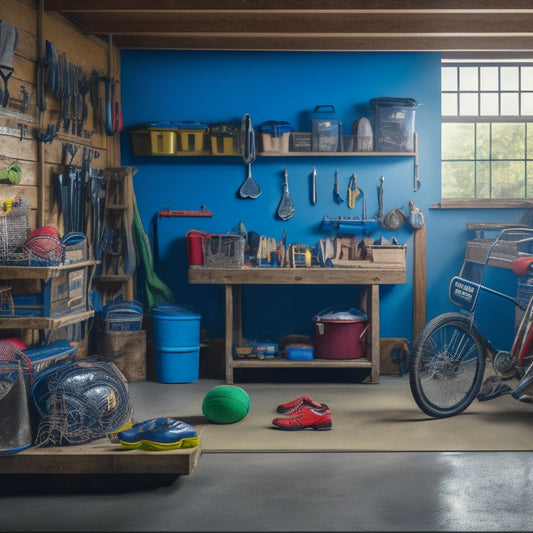 A cluttered garage with tools and sports equipment scattered on the floor, contrasted with a tidy, organized section in the background featuring labeled bins and a sleek workbench.