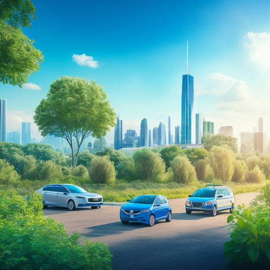 An illustration of a fleet of eco-friendly vehicles, including electric cars and trucks, surrounded by lush greenery and vines, with a bright blue sky and a subtle hint of a cityscape in the background.