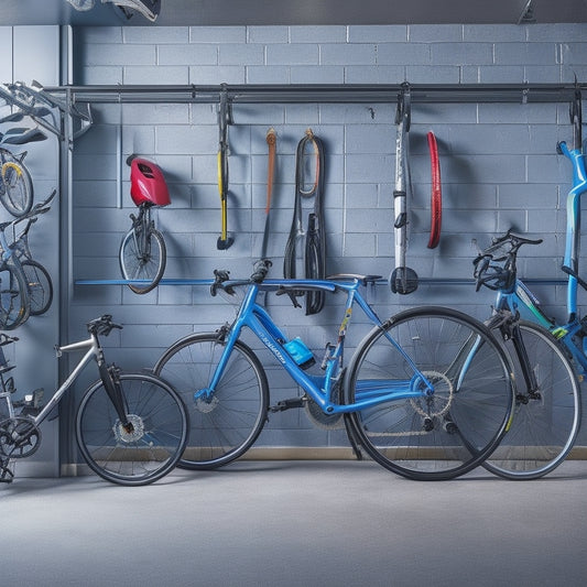 A clutter-free garage with a sleek, silver, slatwall-mounted bike rack holding three road bikes, alongside a sturdy, black, modular shelving unit storing helmets, gloves, and sports equipment.