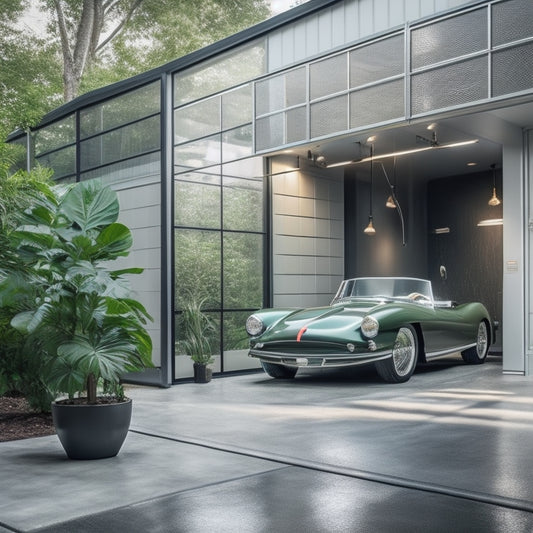 A sleek, modern garage with polished concrete floors, gleaming stainless steel cabinets, and a statement light fixture, surrounded by lush greenery and a vintage sports car.