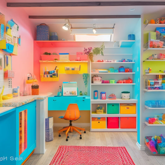 A bright, modern under-stairs space transformed into a craft haven, featuring a sleek, built-in desk, shelves overflowing with colorful supplies, and a pegboard adorned with scissors, paintbrushes, and more.