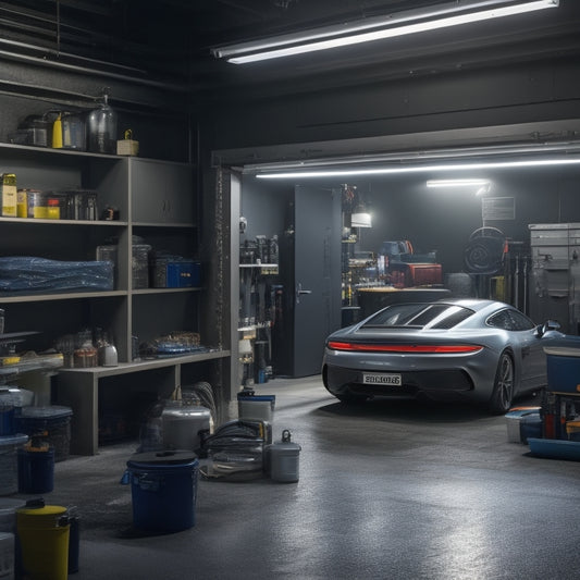 A dimly lit garage with a sleek, silver sports car centered, surrounded by organized toolboxes, fuel cans, and cleaning supplies, with a subtle cityscape visible through the open door.