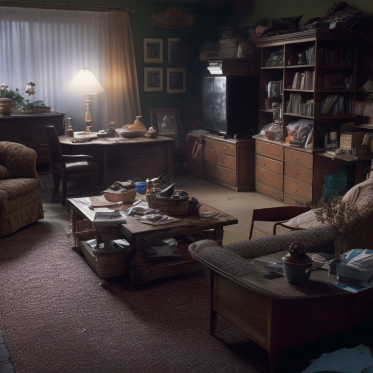 A dimly lit, cramped living room with cluttered shelves, overflowing trash cans, and a messy floor littered with discarded items, surrounded by dusty, worn-out furniture and faded curtains.