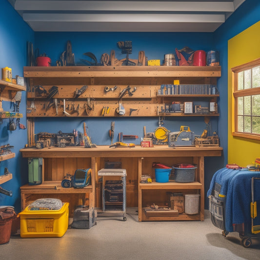 A cluttered garage transformed into a tidy workshop, with a circular saw on a workbench, tools organized on a pegboard, and a completed DIY project, a wooden shelving unit, against a freshly painted wall.