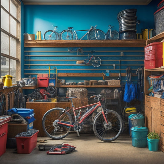 A cluttered garage with scattered bulky items, such as bicycles, toolboxes, and storage bins, transitioning into an organized space with sturdy shelving units, slanted racks, and labeled compartments.