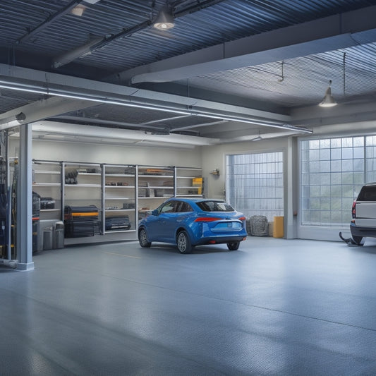 A bright, well-lit garage interior with a wide, gentle ramp leading to the main area, featuring grab bars, non-slip flooring, and ample clearance around a parked vehicle with a walker nearby.