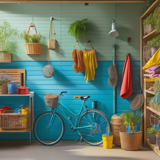 A colorful, organized garage with a slatted wooden wall adorned with hooks, bins, and nets, storing bicycles, balls, frisbees, and camping gear, with a few potted plants and a sunny window.