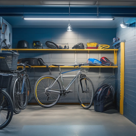 A well-lit garage with a sleek, silver overhead storage rack holding three bicycles, surrounded by neatly organized bins and hooks, with a sports equipment section and a toolbox on a nearby wall.