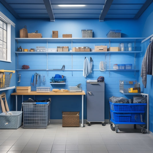A well-lit, organized garage interior with a wheelchair-accessible workbench, adjustable shelving, and a mix of baskets and bins in various sizes, all set against a calming blue-gray background.