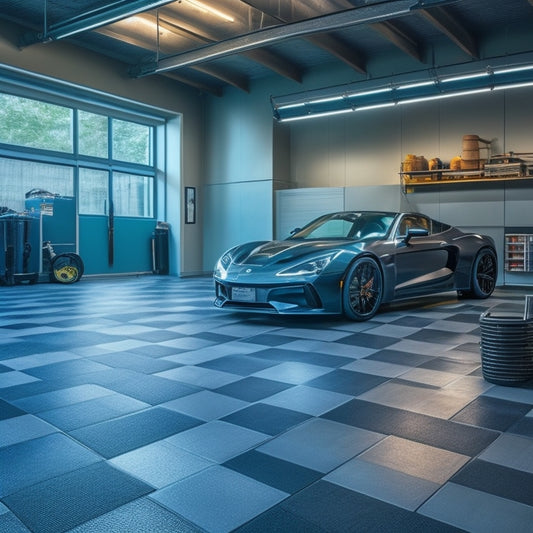 A well-lit, modern garage with grey concrete walls, featuring a checkerboard pattern of dark grey and light grey durable flooring tiles, with a few scattered tools and a sleek, black sports car.