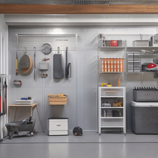 A well-organized garage with a sleek, silver pegboard on the wall, holding various tools and accessories, alongside a row of labeled, transparent storage bins and a polished, black sports car in the background.