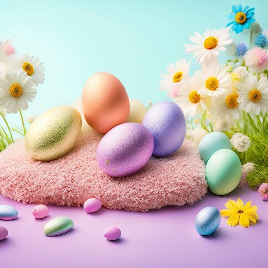 A whimsical illustration of Easter bunny footprints in pastel shades, featuring tiny toes and a fluffy tail, on a soft, white background, surrounded by scattered Easter eggs and spring flowers.