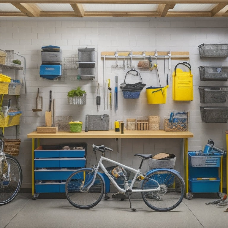 A clutter-free garage with a pegboard on the wall, holding various tools and accessories, alongside a row of labeled bins and baskets on a shelf, with a few bicycles and a workbench in the background.