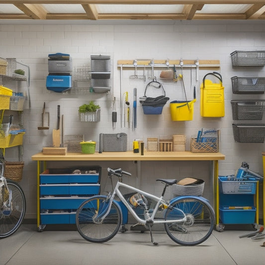 A clutter-free garage with a pegboard on the wall, holding various tools and accessories, alongside a row of labeled bins and baskets on a shelf, with a few bicycles and a workbench in the background.