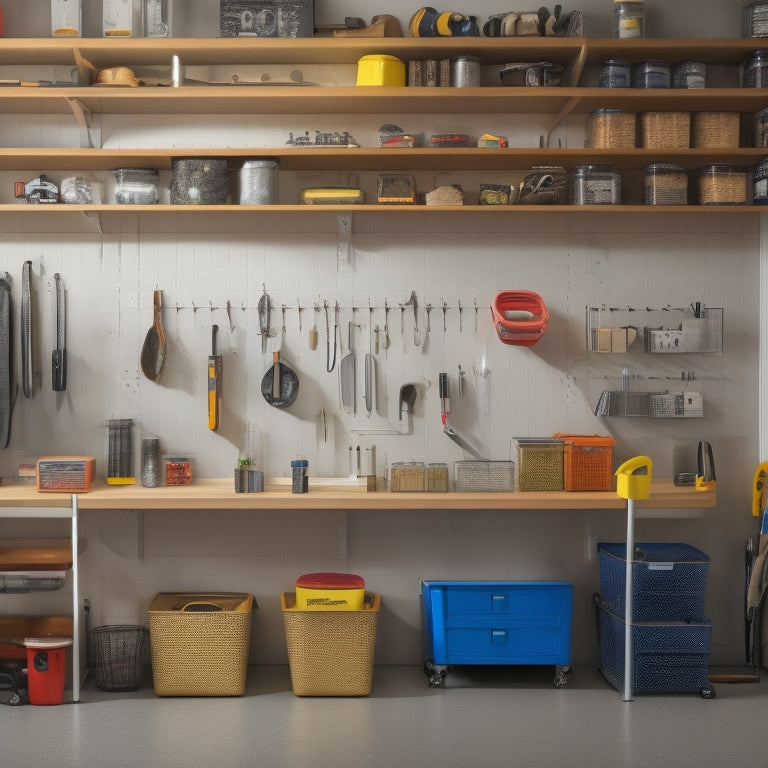 A tidy garage with a pegboard on the wall, holding various small tools and accessories, alongside a shelving unit with labeled bins and baskets containing screws, nuts, and bolts.