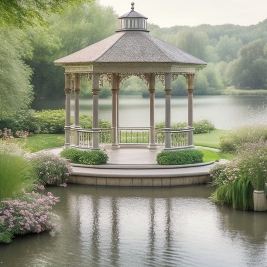 A serene landscape featuring a variety of intricately designed gazebos amidst lush greenery, with vines crawling up the pillars, surrounded by vibrant flowers and a tranquil pond in the background.
