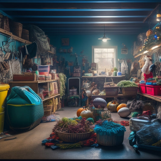 A cluttered garage interior with seasonal decorations, such as Halloween costumes, Christmas lights, and Easter baskets, overflowing from shelves and scattered across the floor, surrounded by dusty cars and cobwebs.