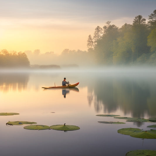 A serene lake at dawn with a few scattered water lilies, a lone paddleboarder in perfect balance, paddle suspended mid-air, with mist rising from the calm water's surface.