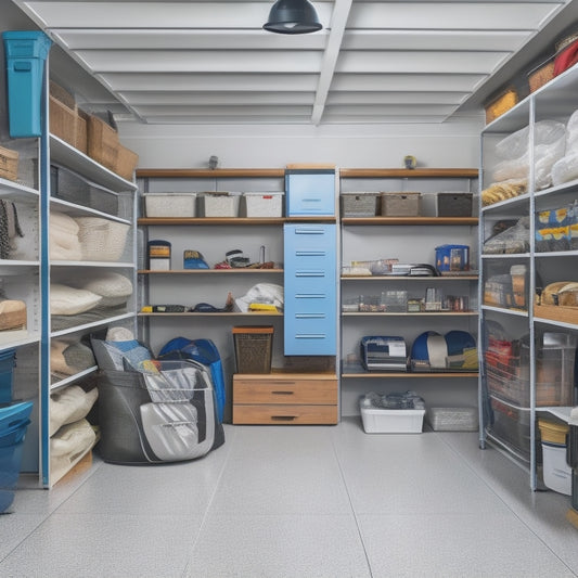 A well-organized garage with a parked RV, featuring wall-mounted storage bins, a slatwall with hooks, and a floor-to-ceiling shelving unit with labeled baskets, surrounded by a clean and clutter-free floor.