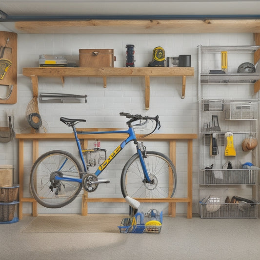 A clutter-free garage with a pegboard displaying organized tools, a labeled storage bin for sports equipment, and a cleverly hung bike rack, set against a bright and clean background.